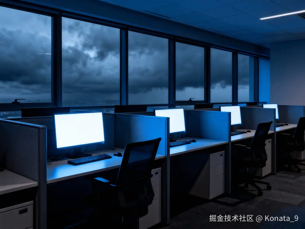 jimeng-2025-12-09-9499-现代办公室内部,冷色调,蓝色和灰色为主,空荡荡的工位,几台亮着的显示器,窗外是阴..._cleanup.png
