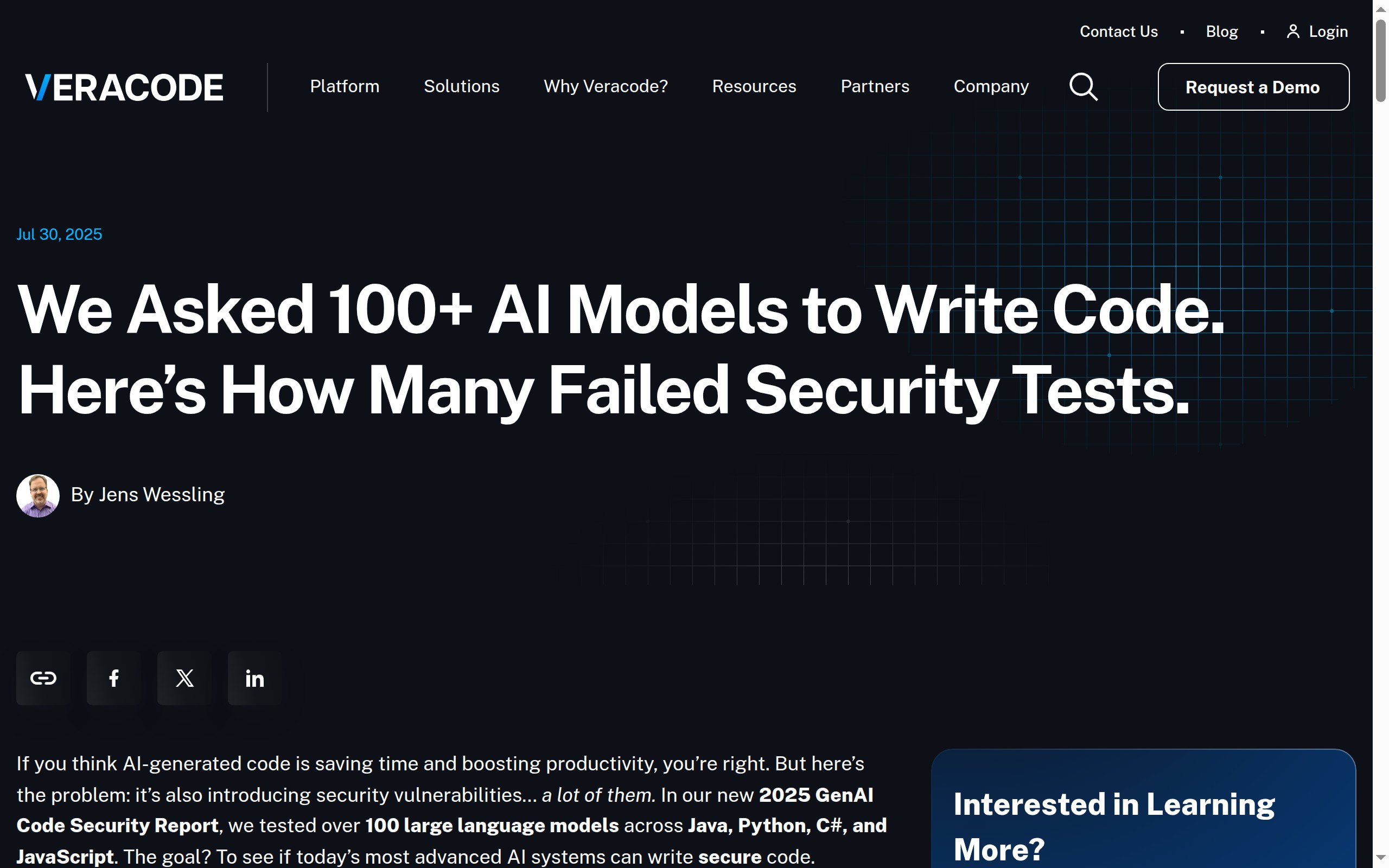 Veracode 2025 GenAI Code Security Report: AI 生成代码 45% 存在安全漏洞